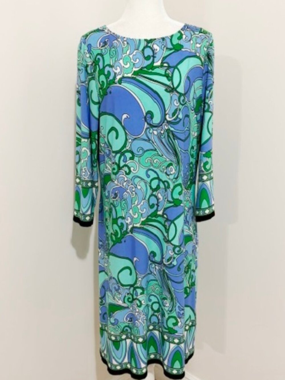 London Times Mod Swirl Print Shift Dress 3/4 Sleeves Retro-Inspired Size 16